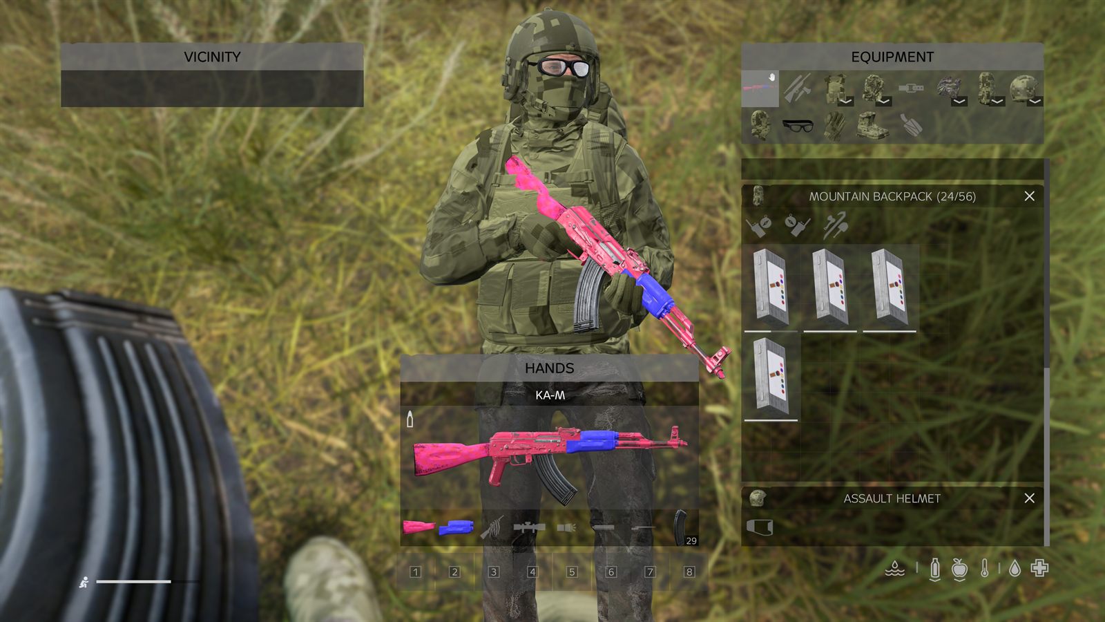 Inventory screen showing a rifle with a pink stock, red receiver and blue handguard