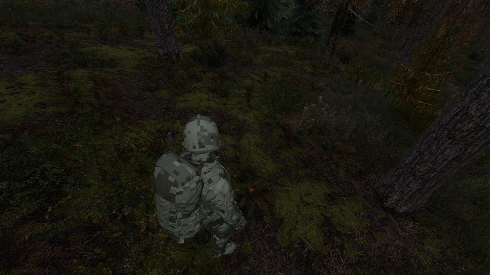 A survivor in full pixel camo kneeling in a dark forest, the pattern breaking up their outline