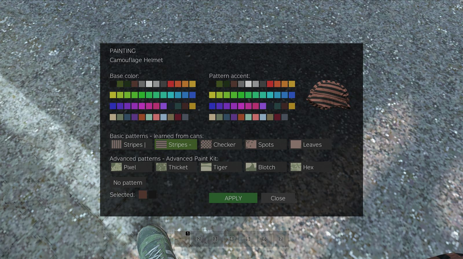 The same menu with Stripes minus selected, now showing two colour grids side by side labelled Base color and Pattern accent, and a brown and black striped helmet in the preview